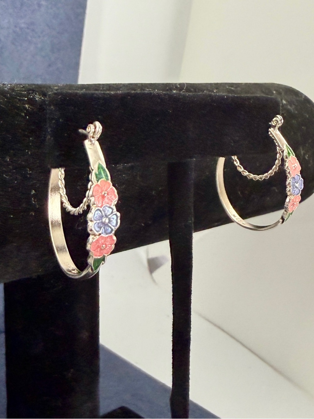Sterling Silver Pink Purple Enamel Flower Hoop Earrings Sign ‘D’ Maybe Danecraft